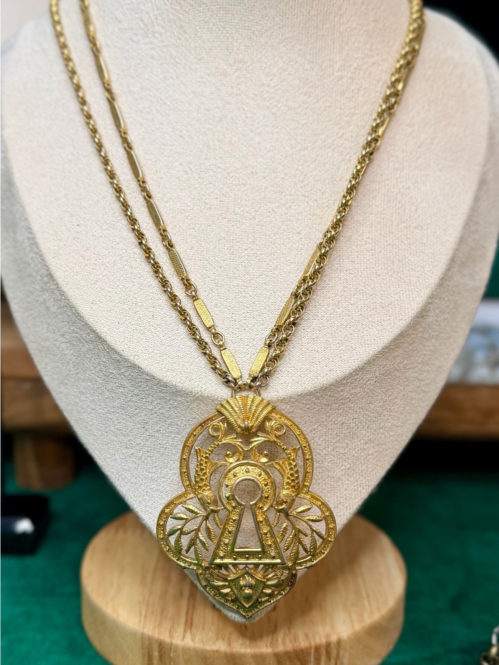 Monet Vintage Gold Filigree Keyhole Fish Pendant Necklace - Renaissance Revival